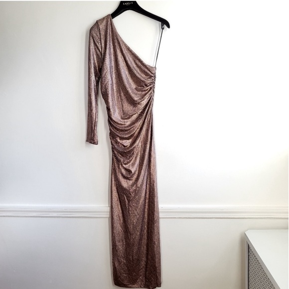 New Zara Sparkly Draped One Sleeve Asymmetric Copper Bronze Dress NWT Size M - Picture 8 of 10